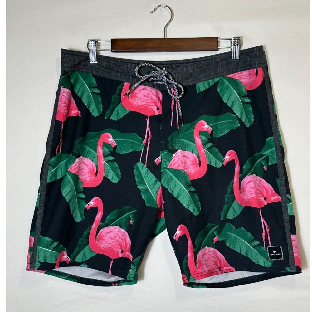 Rip Curl x Mirage  Black/Pink Flamingo Board Shorts Swim Trunks Men's 34